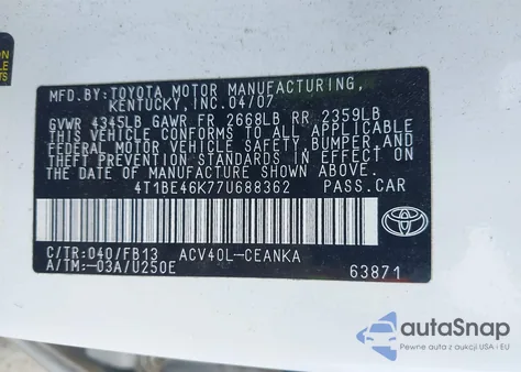 2007 Toyota Camry Ce from USA, damaged, VIN 4T1BE46K77U688362